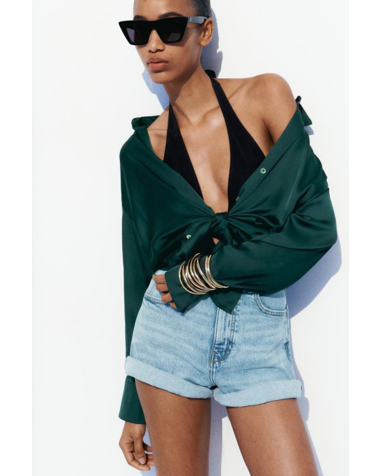 ZARA Shirt, Long Sleeve green Satin Shirt