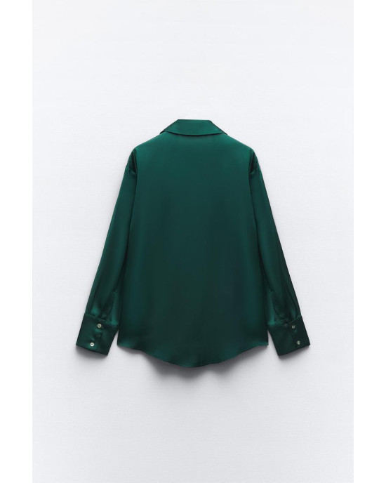 ZARA Shirt, Long Sleeve green Satin Shirt