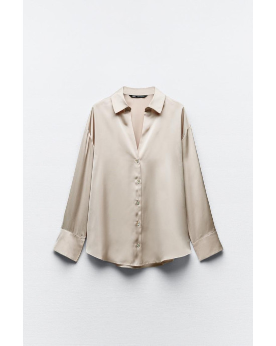 ZARA Shirt, Long Sleeve Baige Satin Shirt For Women's