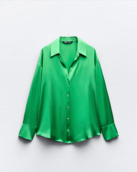 ZARA Shirt, Long Sleeve Green Satin Shirt For Women's