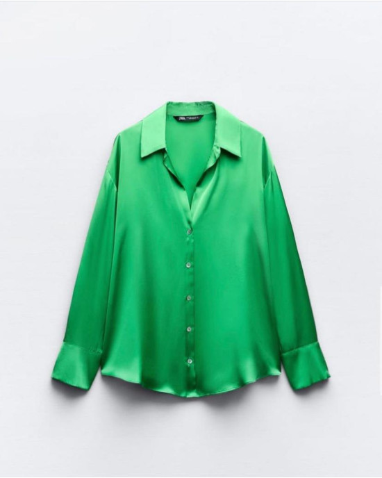 ZARA Shirt, Long Sleeve Green Satin Shirt For Women's