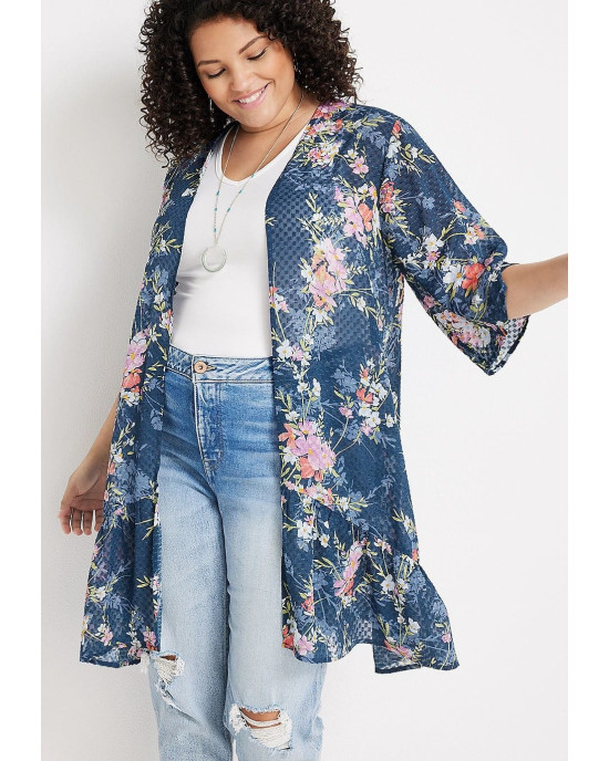 maurices Kimono, Floral Textured Tiered Hem Kimono For Women's